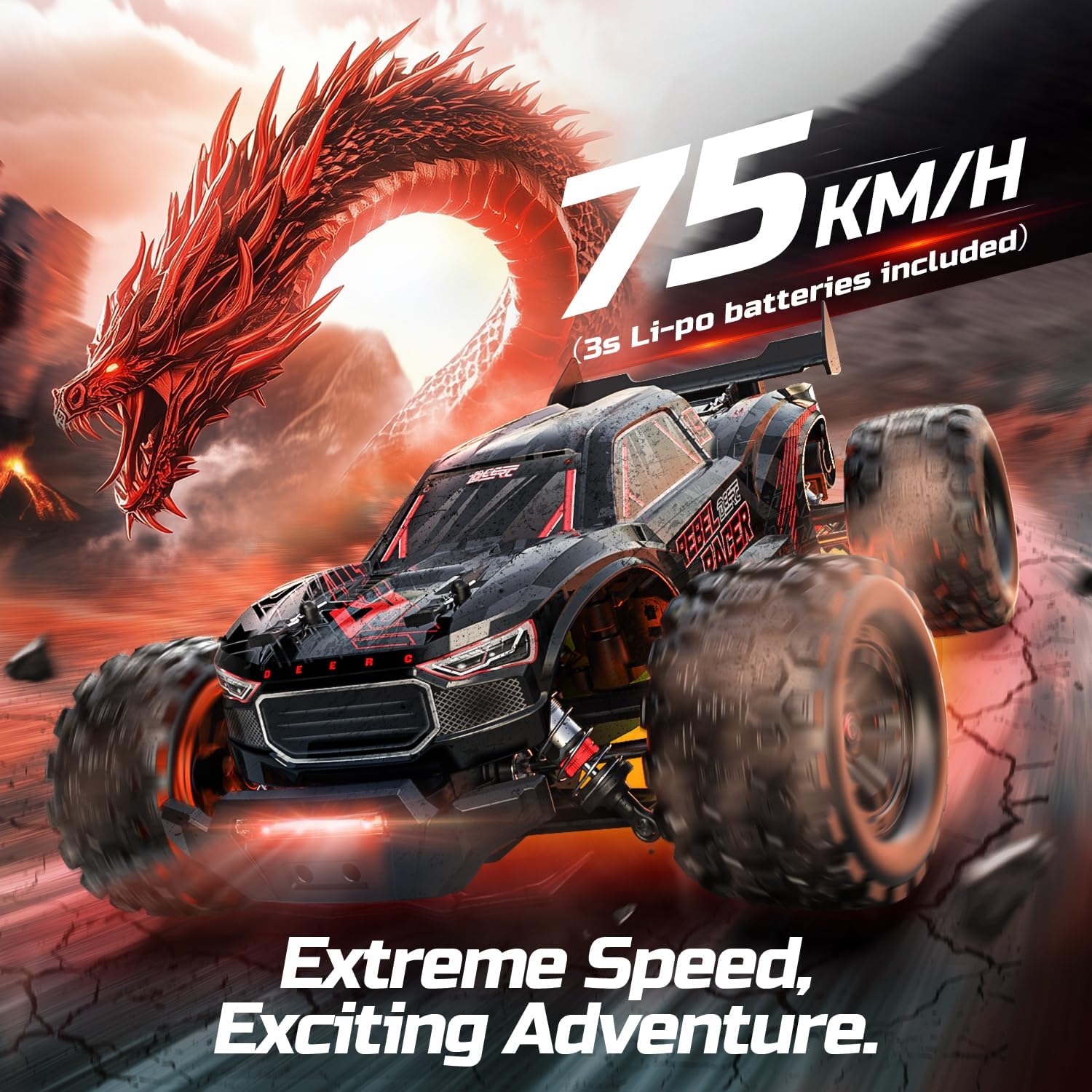 DEERC 1217 1:14 High-Speed RC Car, Fast Brushless Max 75+ KMH, 2*3S Lipo Batteries, 4WD RC Trucks Waterproof, 7 Lighting Modes, All Terrain Remote Control Car