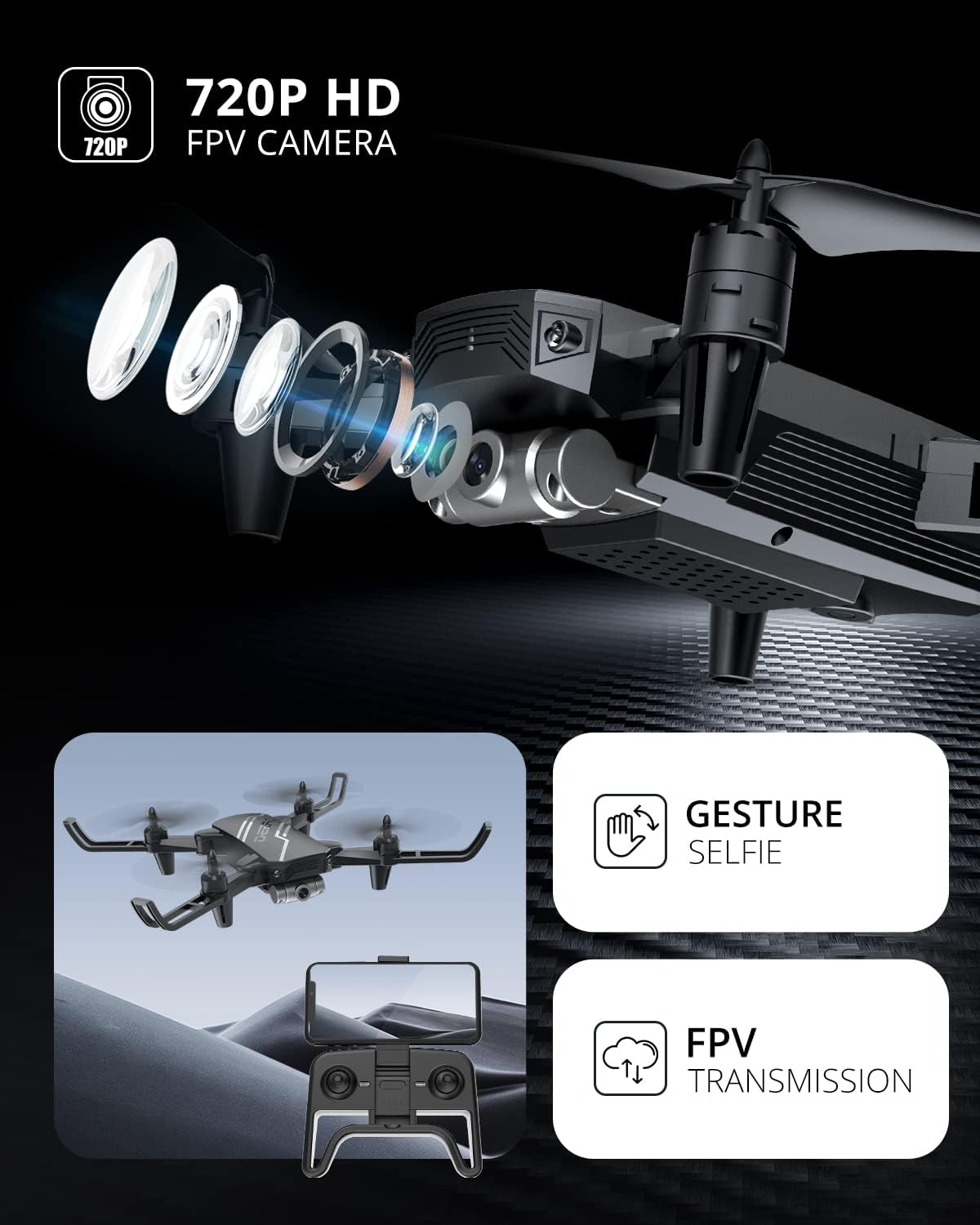 DEERC D20 FPV Drone with 720P HD FPV Camera, Voice and Gesture Control, Waypoint Fly, Altitude Hold, Headless Mode, One Key Start, Speed Adjustment, 3D Flips, 2 Batteries