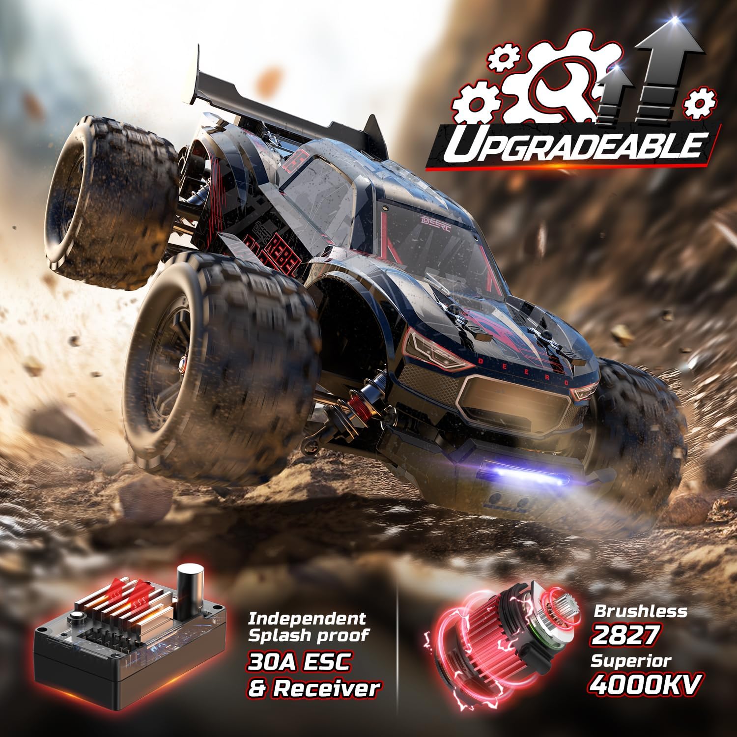 DEERC 1217 1:14 High-Speed RC Car, Fast Brushless Max 75+ KMH, 2*3S Lipo Batteries, 4WD RC Trucks Waterproof, 7 Lighting Modes, All Terrain Remote Control Car