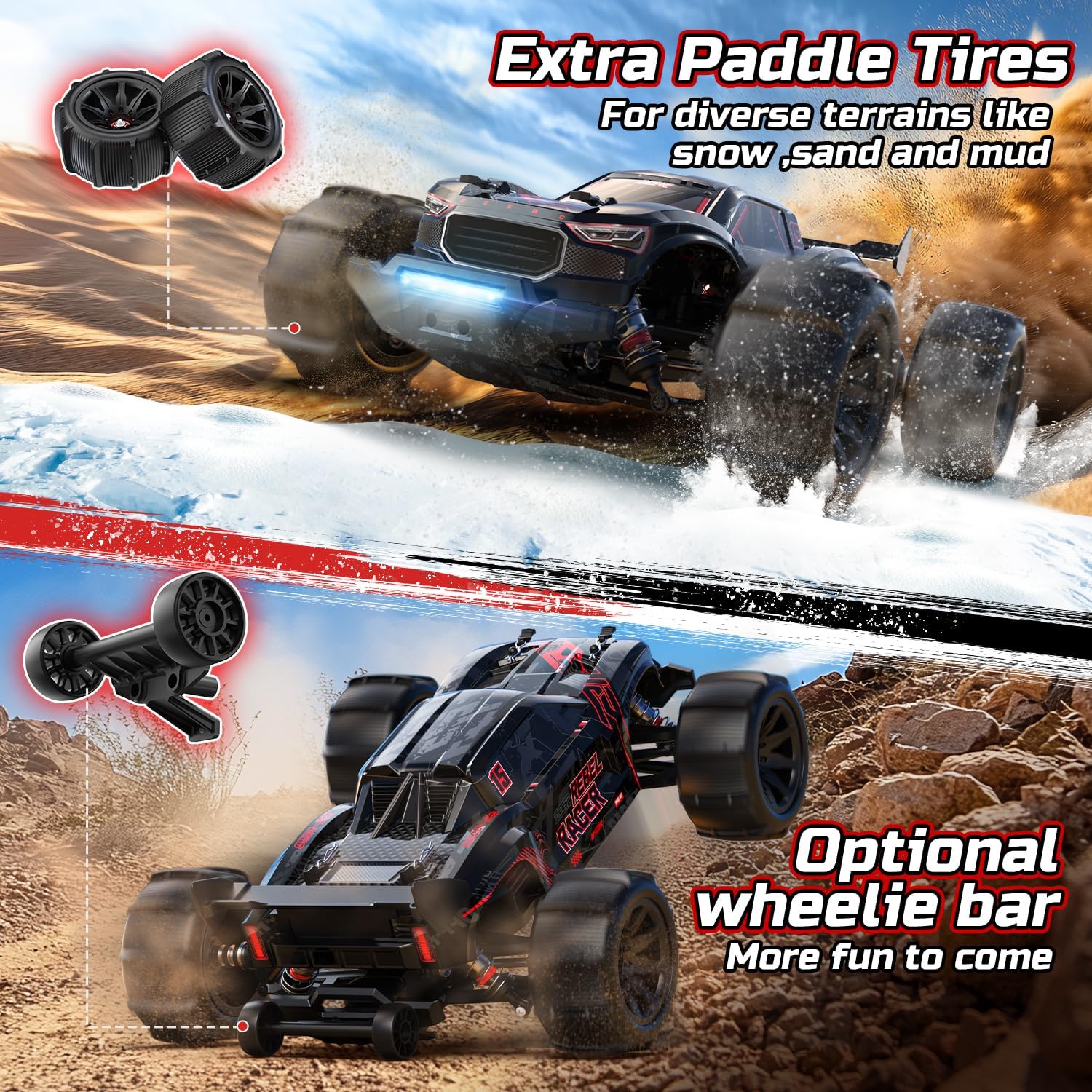 DEERC 1217 1:14 High-Speed RC Car, Fast Brushless Max 75+ KMH, 2*3S Lipo Batteries, 4WD RC Trucks Waterproof, 7 Lighting Modes, All Terrain Remote Control Car