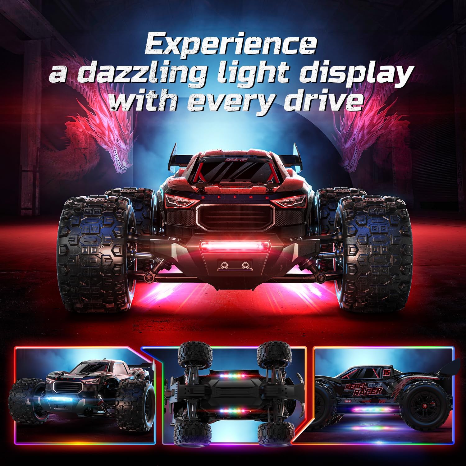 DEERC 1217 1:14 High-Speed RC Car, Fast Brushless Max 75+ KMH, 2*3S Lipo Batteries, 4WD RC Trucks Waterproof, 7 Lighting Modes, All Terrain Remote Control Car