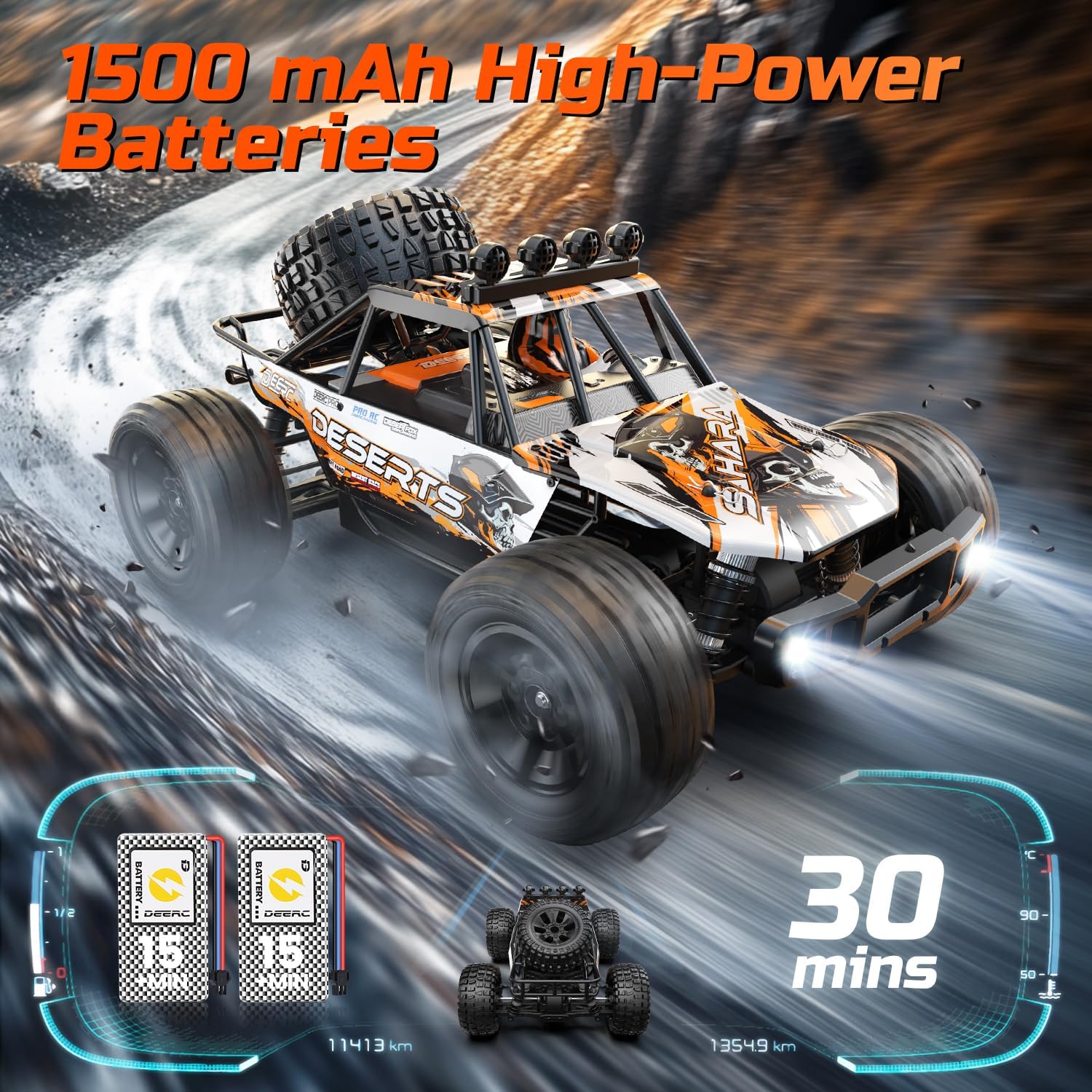 DEERC 9203E 1:10 High-Speed RC Car with Lights, 48KM/H, 4X4 Off Road, All-Terrain, 2 Batteries for 30mins Fun, Unavailable in UK