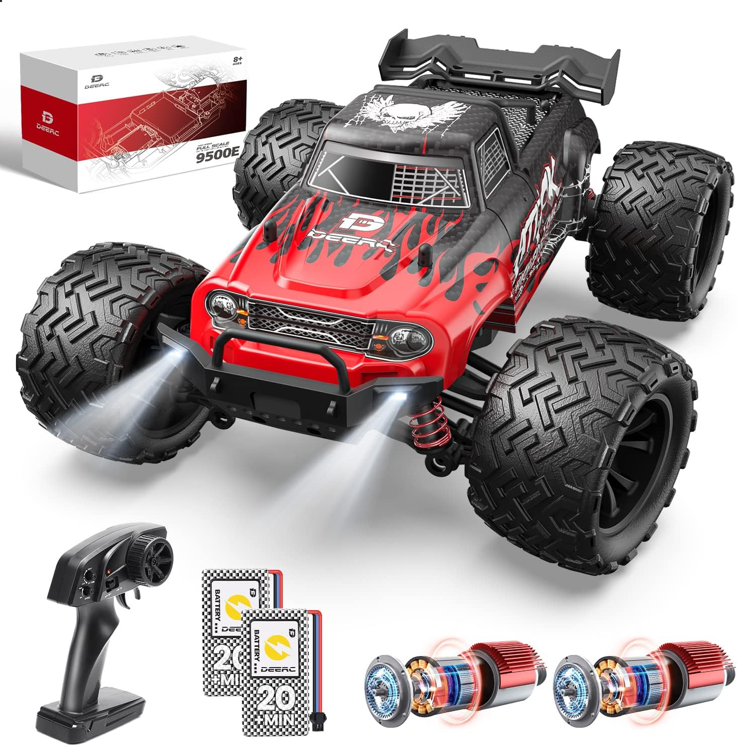 DEERC 9500E 1:16 High-Speed RC Car with Lights, 40 KM/H, 4x4 Off-Road, All-Terrain, Dual Motor, 2 Batteries, Unavailable in Canada