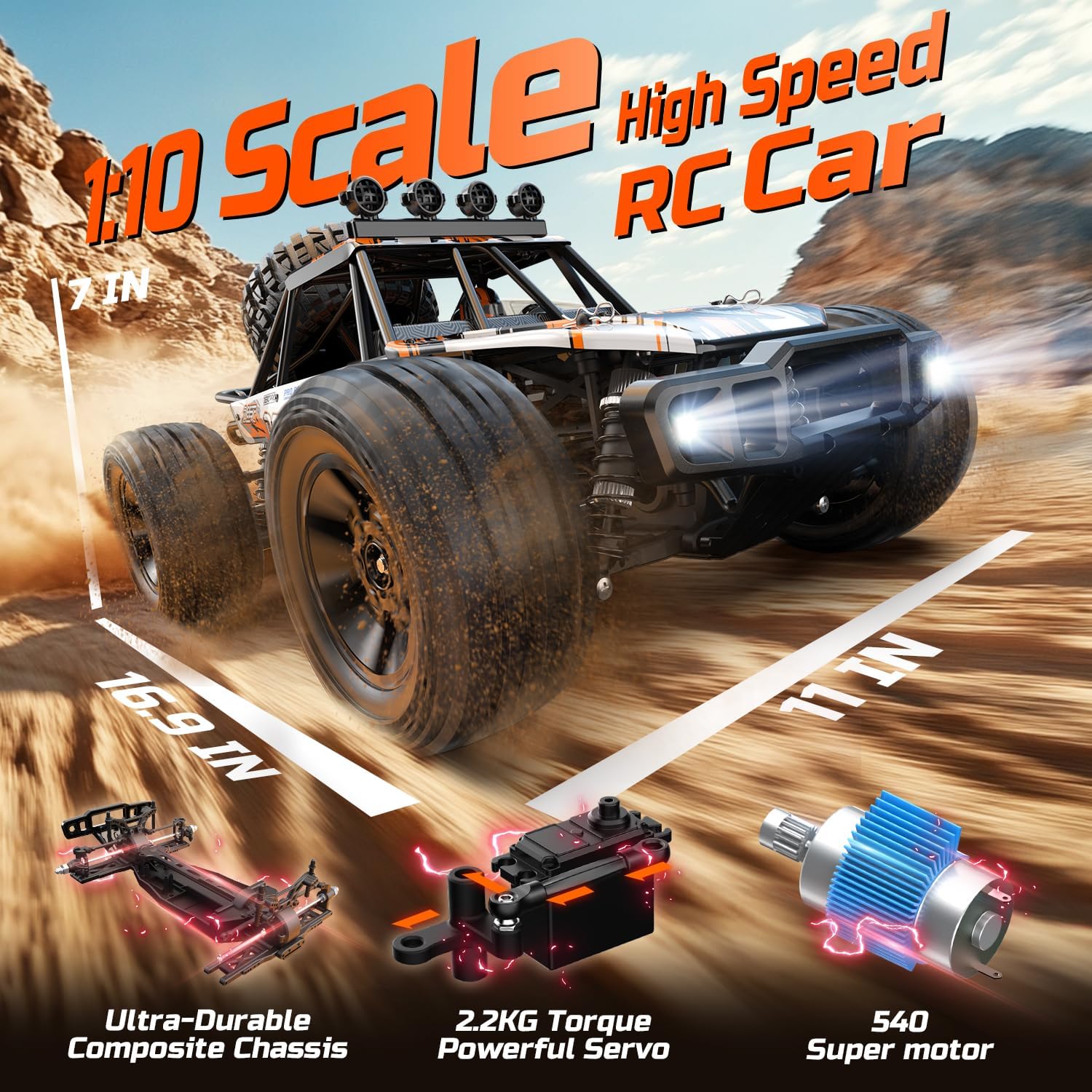 DEERC 9203E 1:10 High-Speed RC Car with Lights, 48KM/H, 4X4 Off Road, All-Terrain, 2 Batteries for 30mins Fun, Unavailable in UK